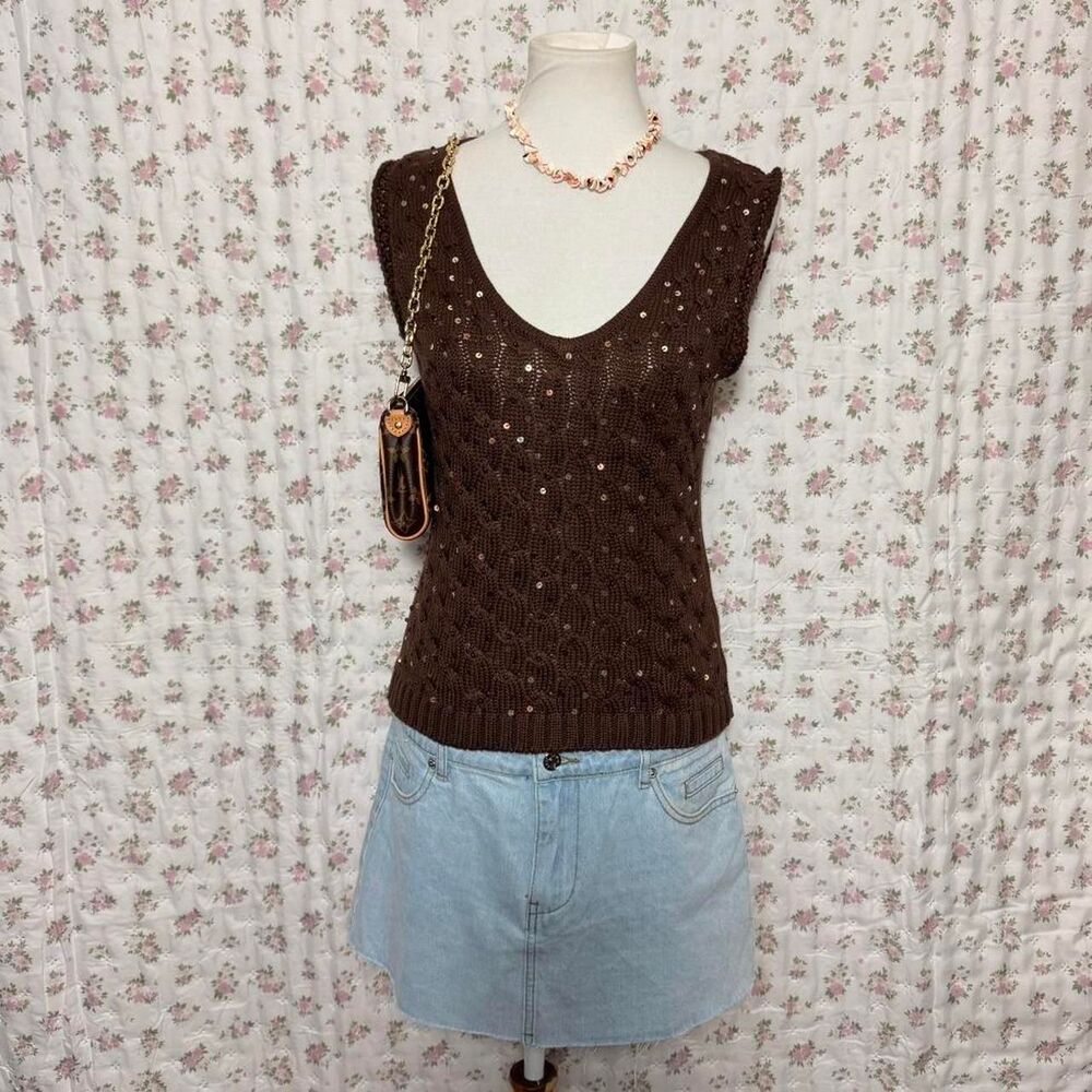 Brand New Brown Beaded Sequin Vest Women’s Chocolate Brown Layering Top
